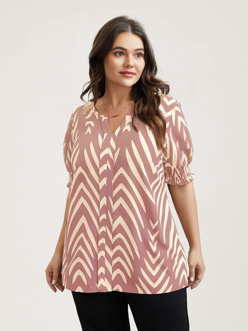 Geometric Print Ruffled Shirred Shirt