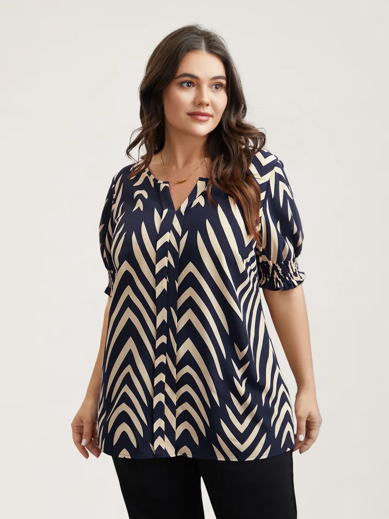 Geometric Print Ruffled Shirred Shirt