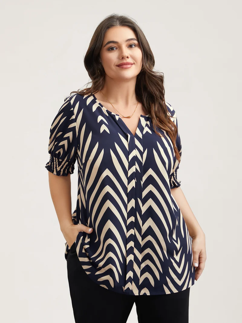 Geometric Print Ruffled Shirred Shirt