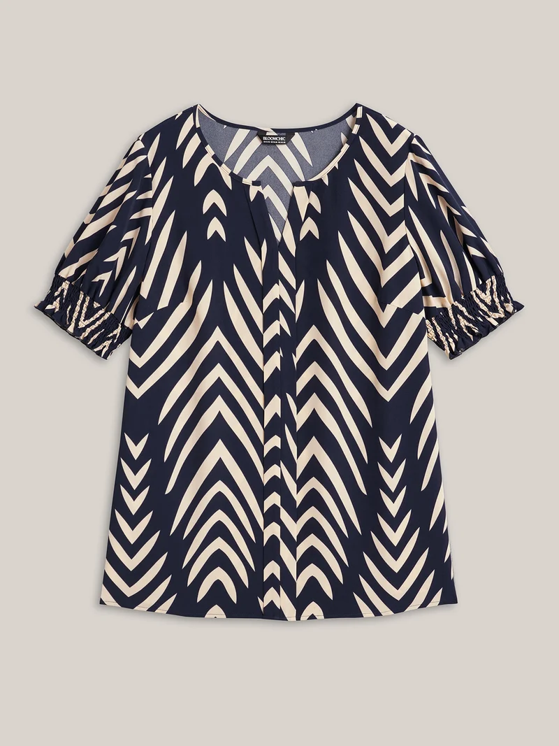 Geometric Print Ruffled Shirred Shirt