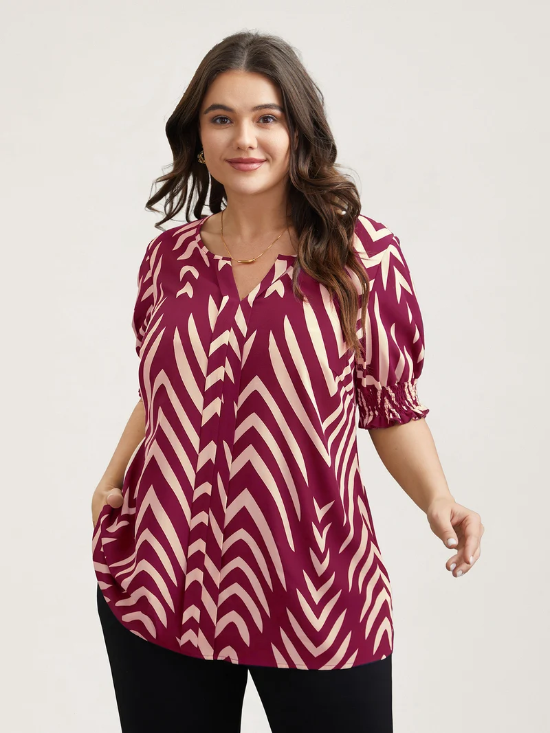 Geometric Print Ruffled Shirred Shirt