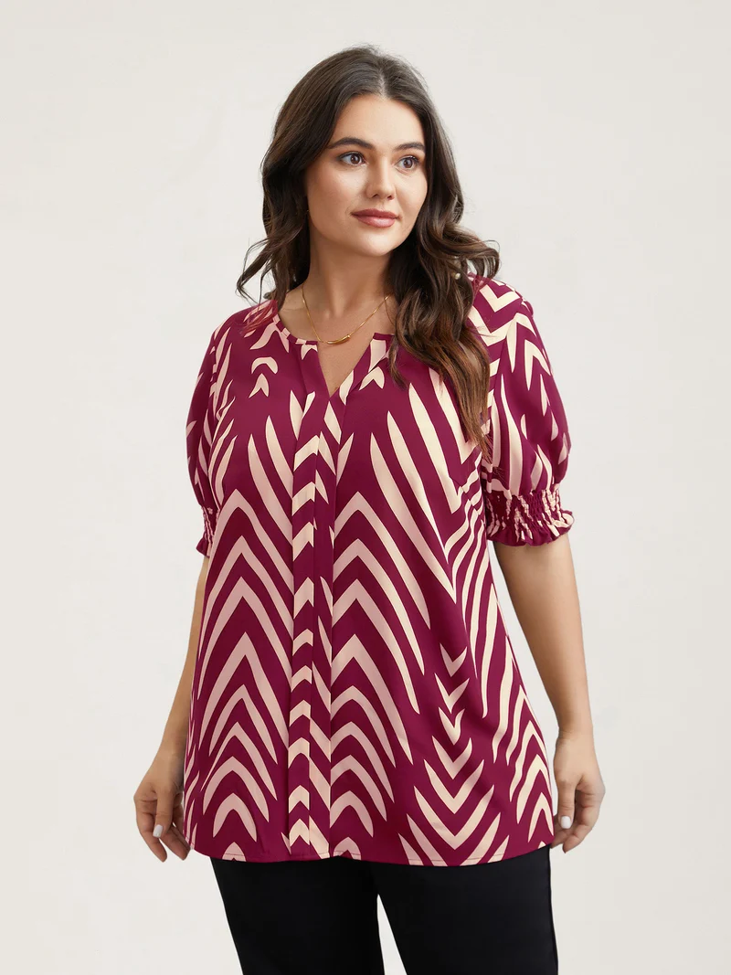 Geometric Print Ruffled Shirred Shirt
