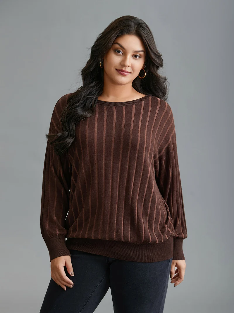 Textured Ribbed Hem Round Neck Pullover