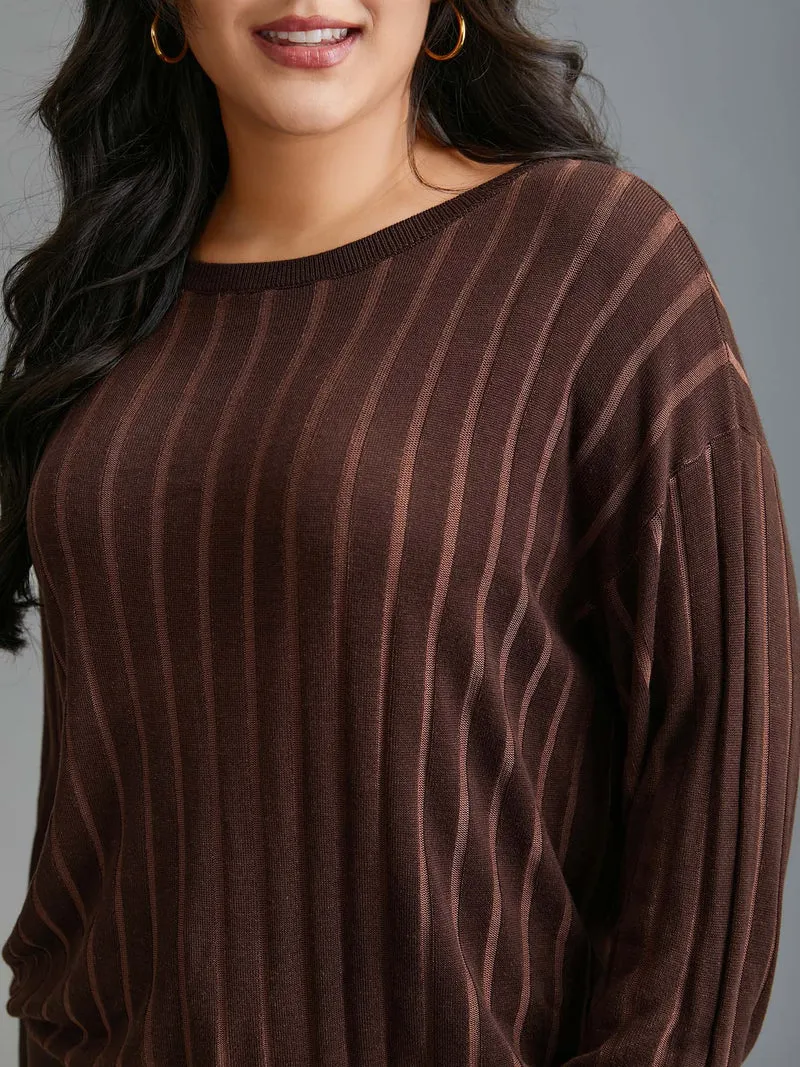 Textured Ribbed Hem Round Neck Pullover