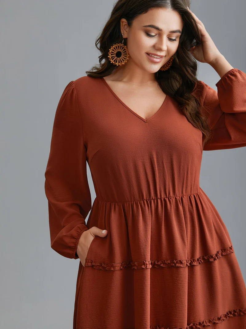 Plain Frill Trim Ruffle Layered Hem Dress