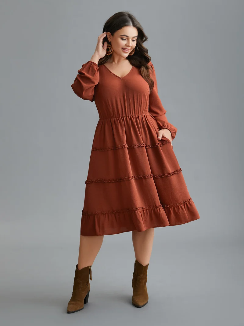 Plain Frill Trim Ruffle Layered Hem Dress