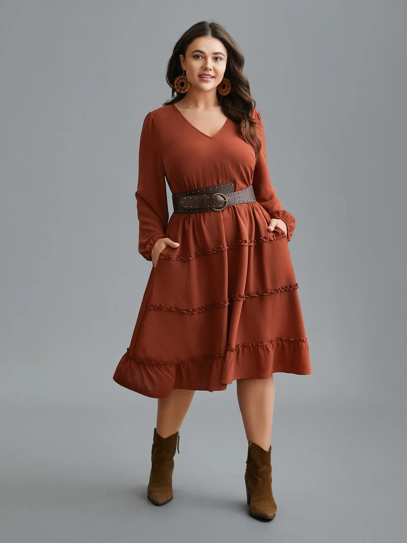 Plain Frill Trim Ruffle Layered Hem Dress