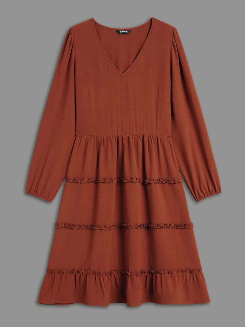 Plain Frill Trim Ruffle Layered Hem Dress