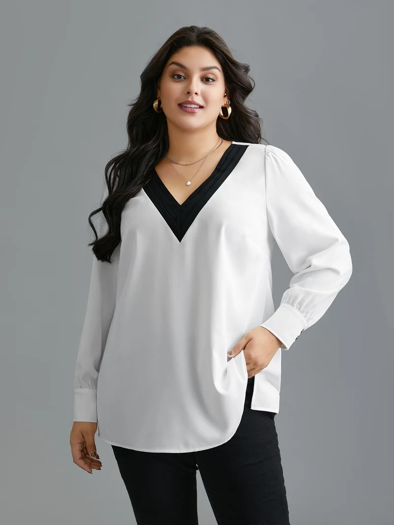 V-Neck Patchwork Contrast Blouse