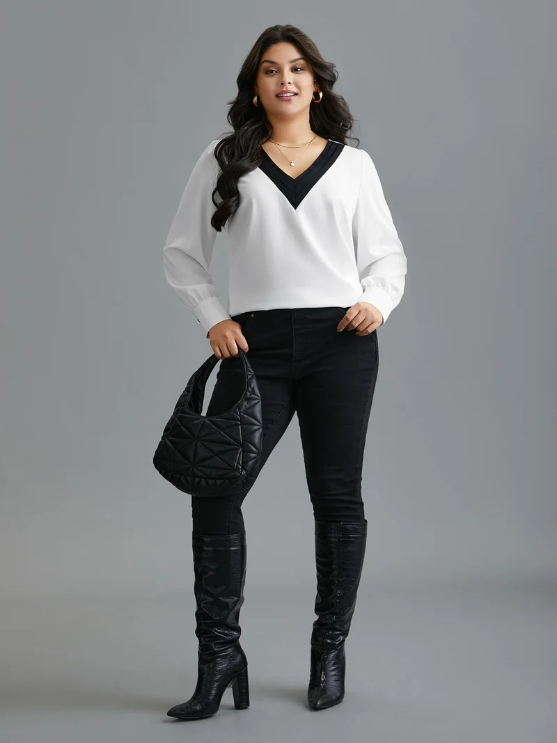 V-Neck Patchwork Contrast Blouse