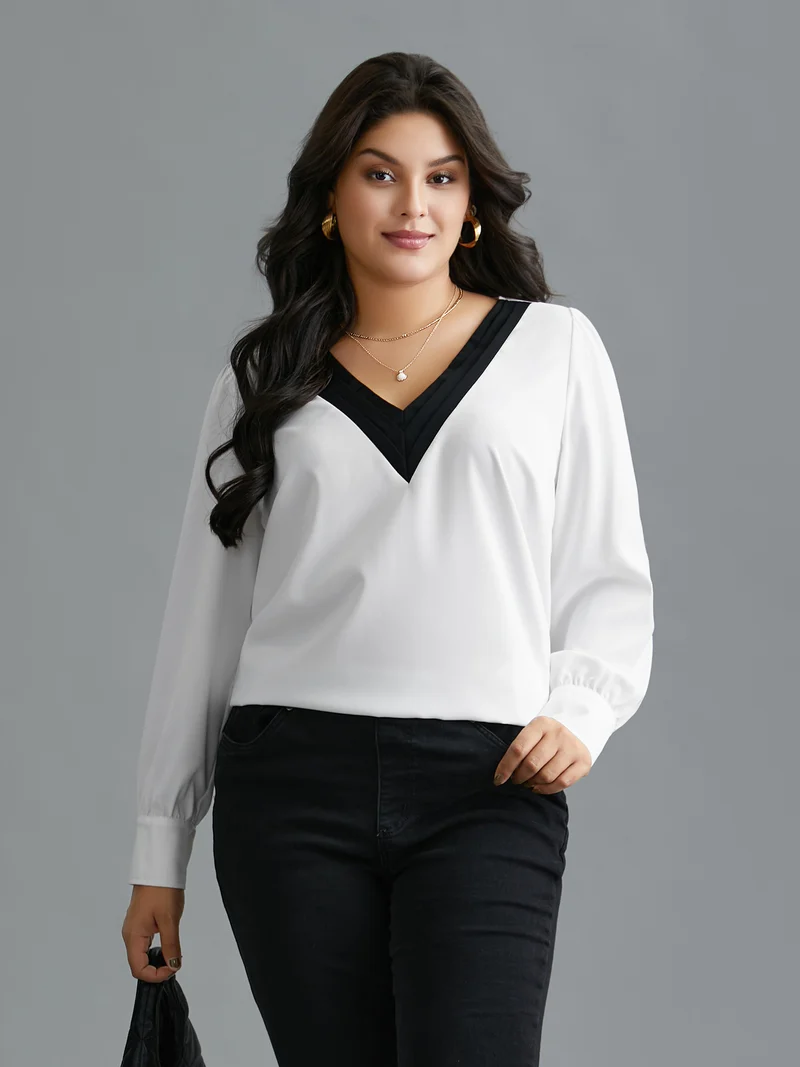 V-Neck Patchwork Contrast Blouse