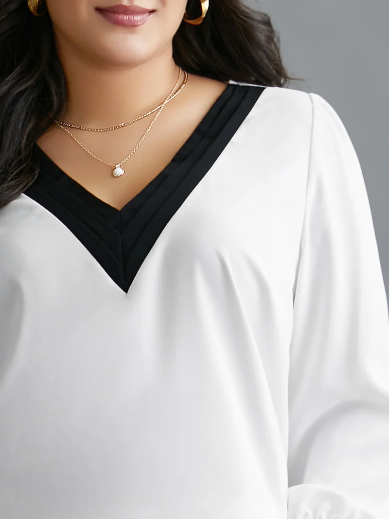 V-Neck Patchwork Contrast Blouse