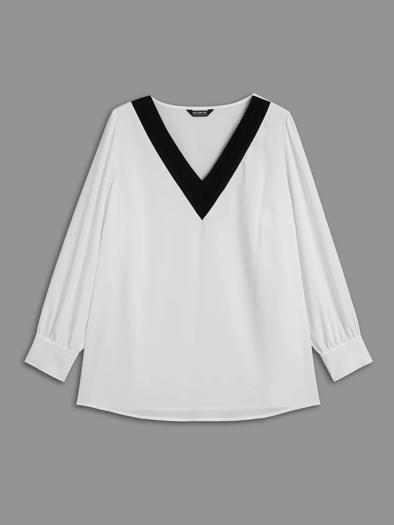 V-Neck Patchwork Contrast Blouse
