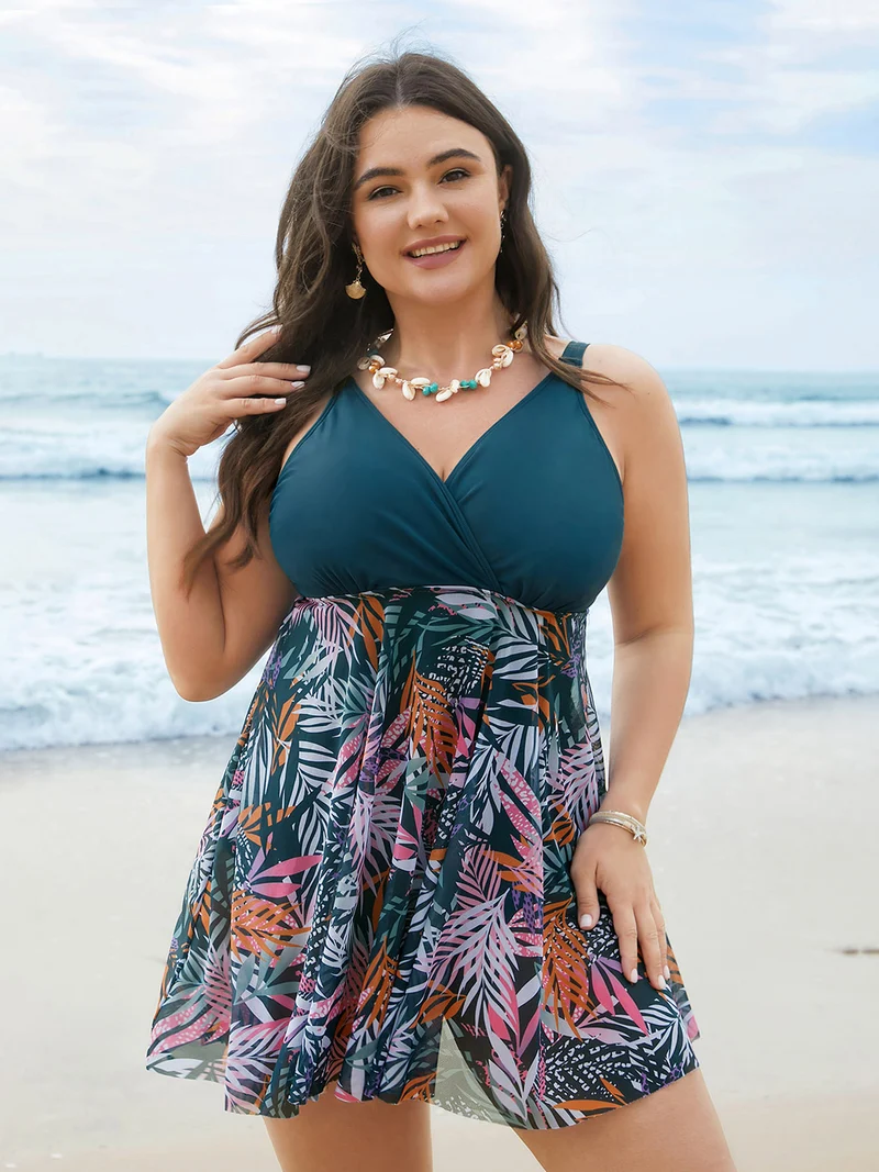 Tropical Leaf Print Mesh Flowy Swim Dress