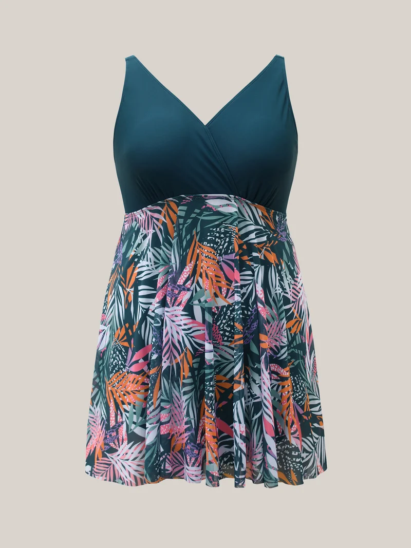 Tropical Leaf Print Mesh Flowy Swim Dress