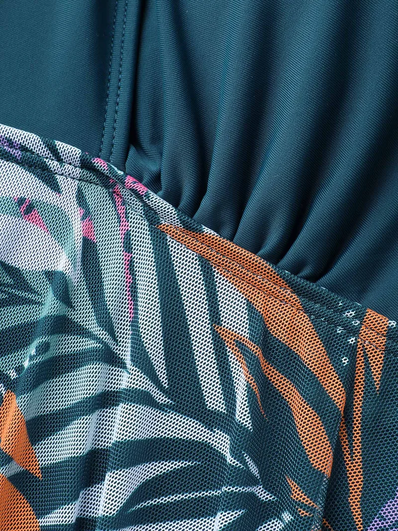 Tropical Leaf Print Mesh Flowy Swim Dress