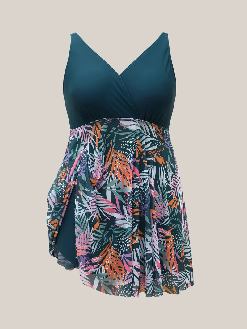 Tropical Leaf Print Mesh Flowy Swim Dress