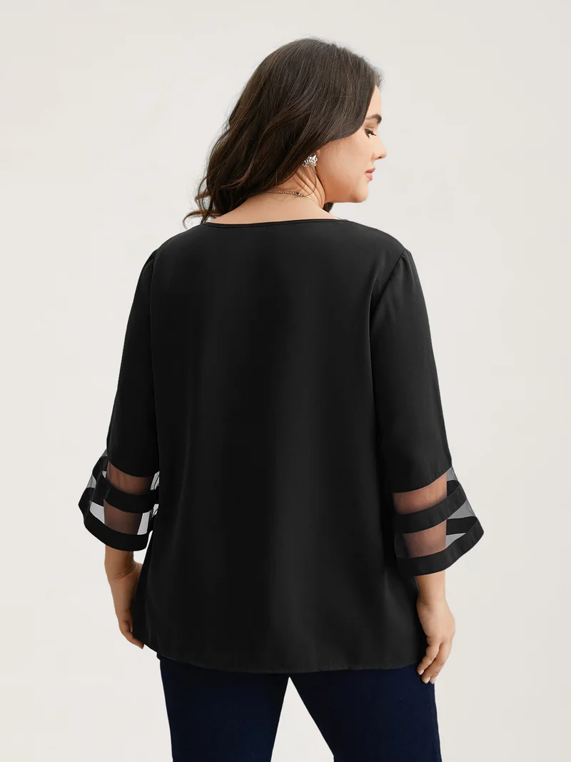Sheer Sleeve Patchwork Asymmetrical Neckline Blouse