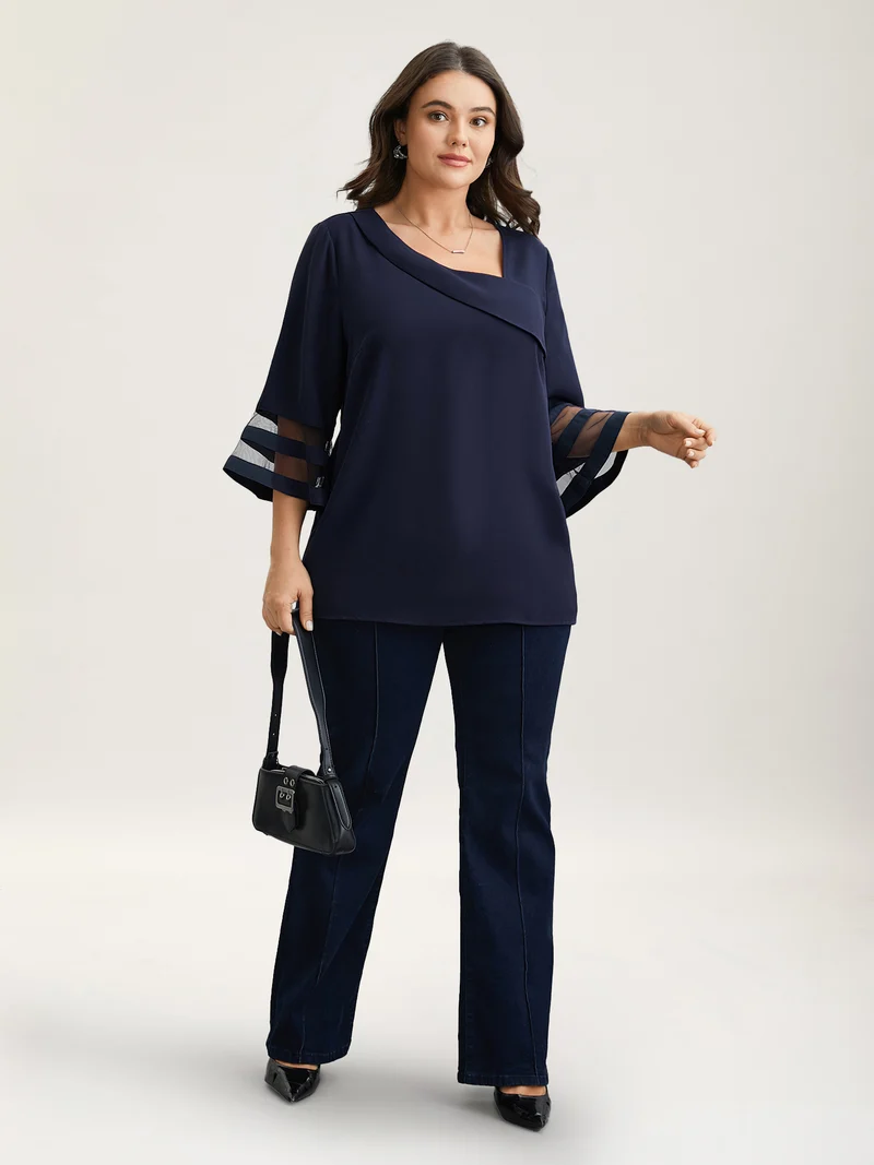 Sheer Sleeve Patchwork Asymmetrical Neckline Blouse
