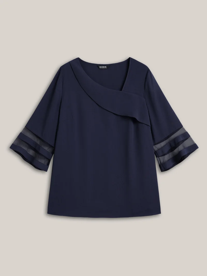 Sheer Sleeve Patchwork Asymmetrical Neckline Blouse