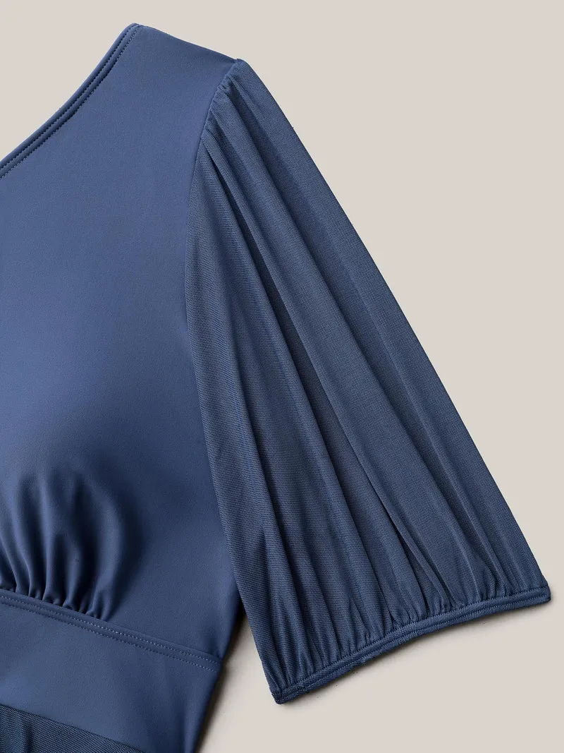 Surplice Neck Spliced Sheer Swim Dress