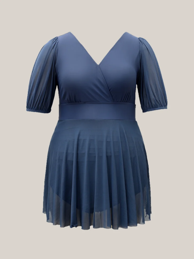 Surplice Neck Spliced Sheer Swim Dress