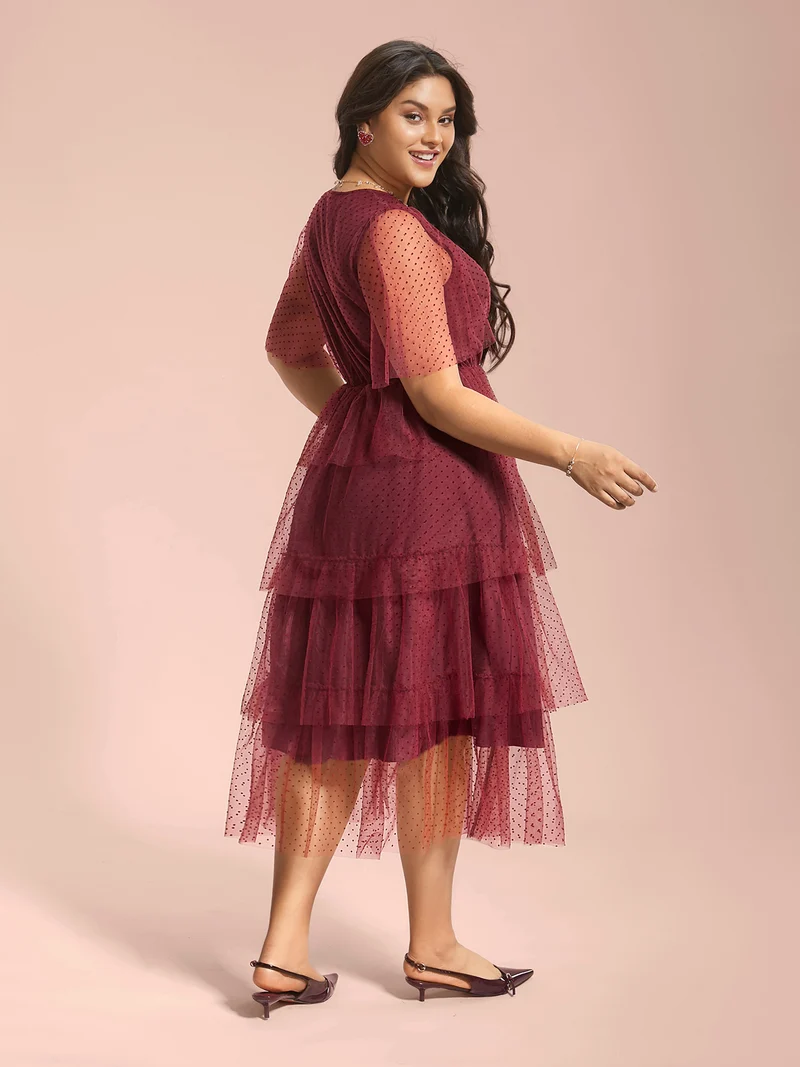 Polka Dot Sheer Mesh Tiered Dress