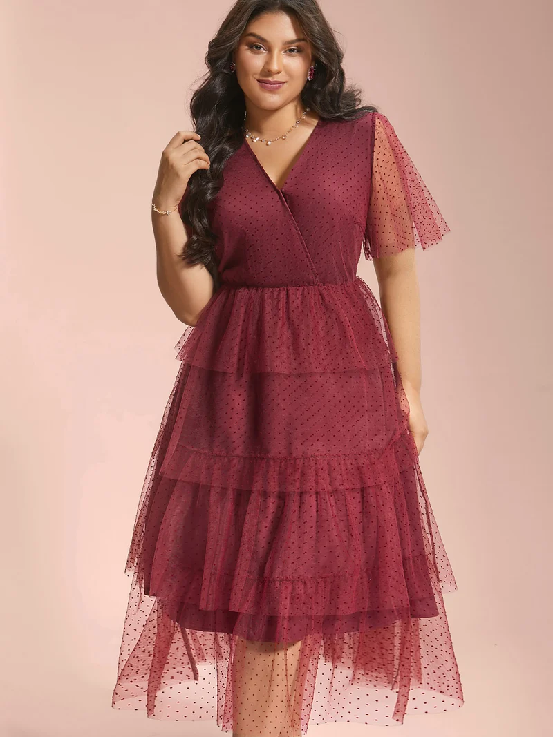 Polka Dot Sheer Mesh Tiered Dress