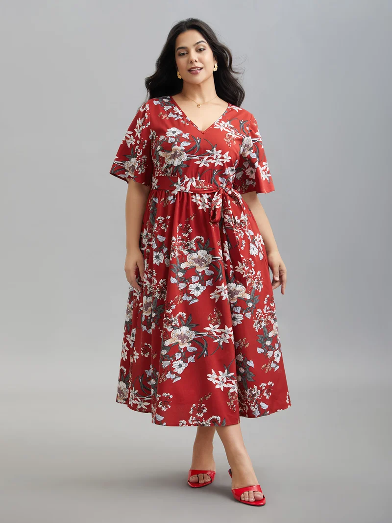 Floral Print Waist-Tie V-Neck Midi Dress