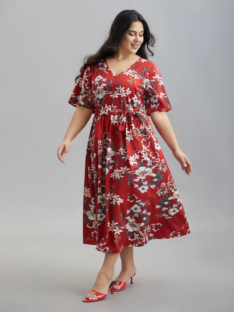 Floral Print Waist-Tie V-Neck Midi Dress