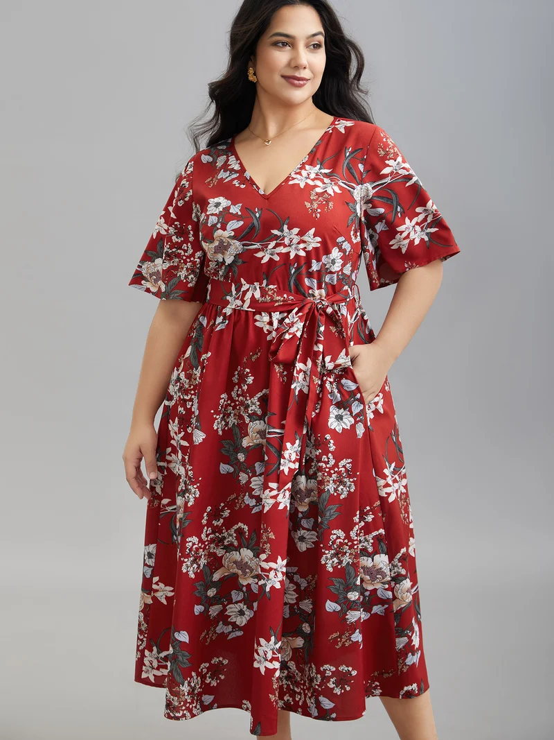 Floral Print Waist-Tie V-Neck Midi Dress