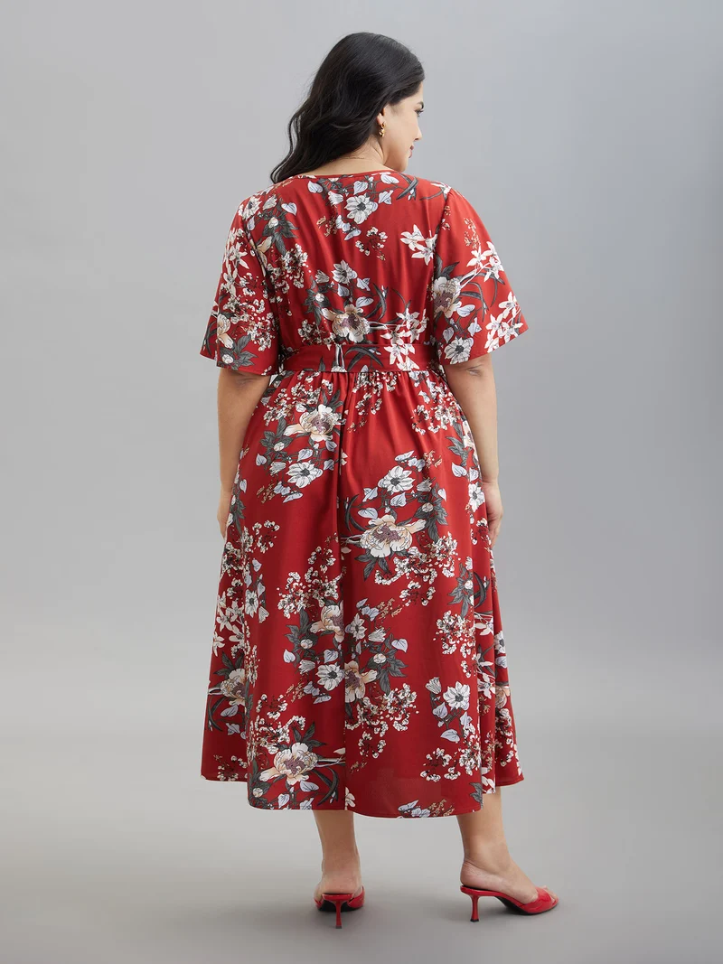 Floral Print Waist-Tie V-Neck Midi Dress