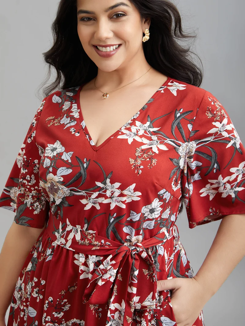 Floral Print Waist-Tie V-Neck Midi Dress