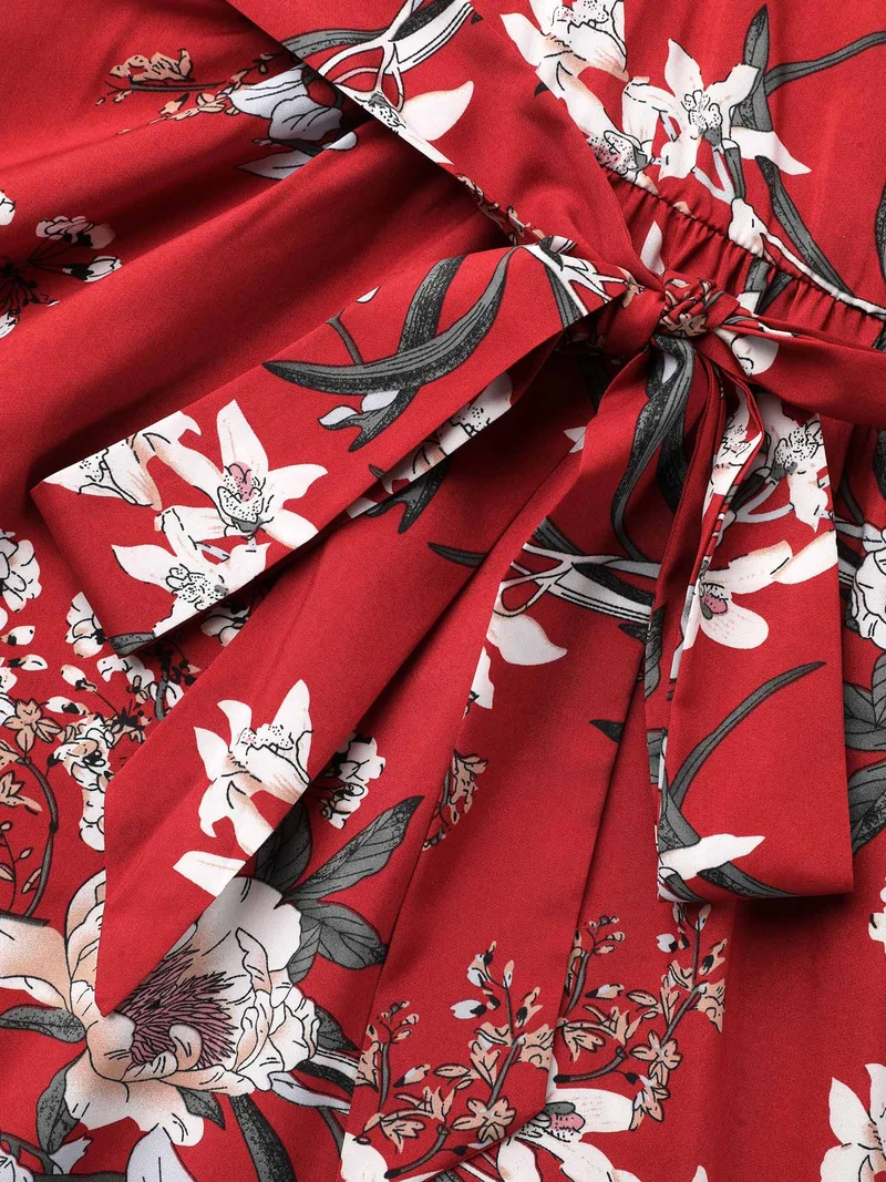 Floral Print Waist-Tie V-Neck Midi Dress