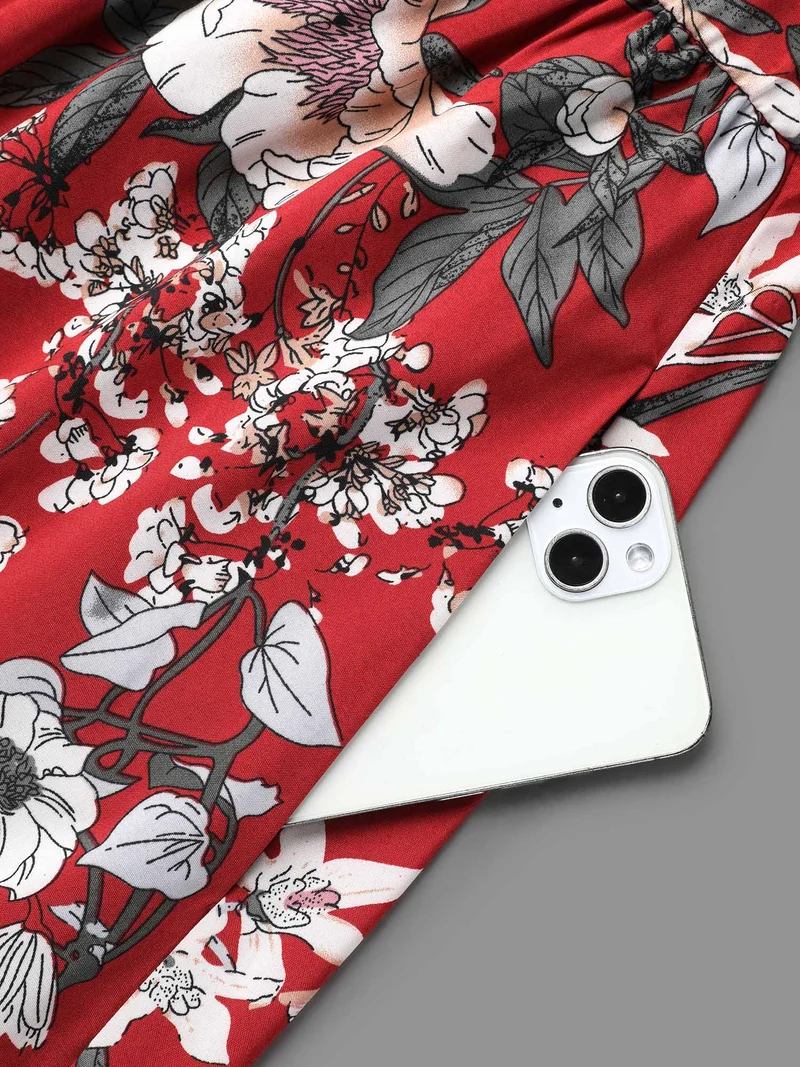 Floral Print Waist-Tie V-Neck Midi Dress