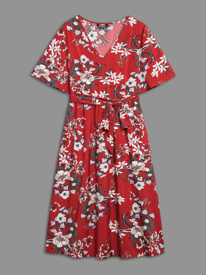 Floral Print Waist-Tie V-Neck Midi Dress