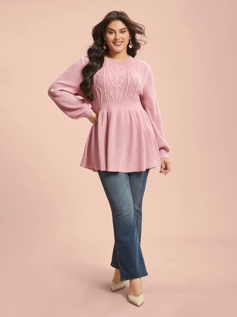 Textured Cable-Knit Waist Cinched Pullover