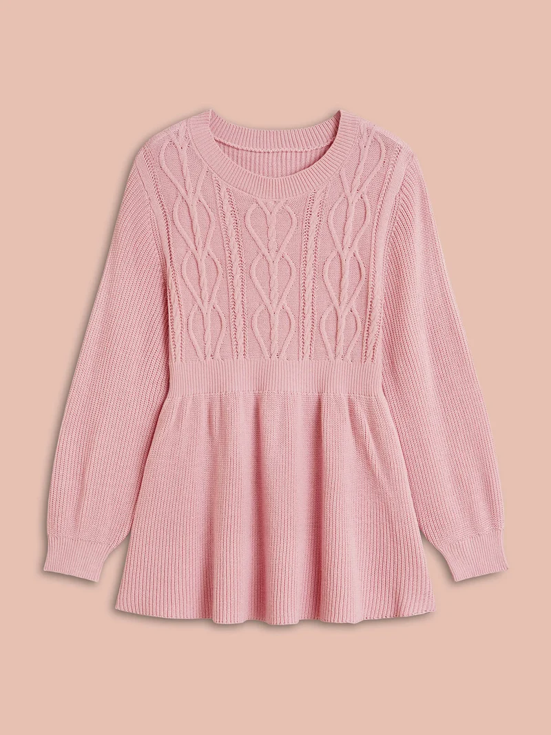 Textured Cable-Knit Waist Cinched Pullover