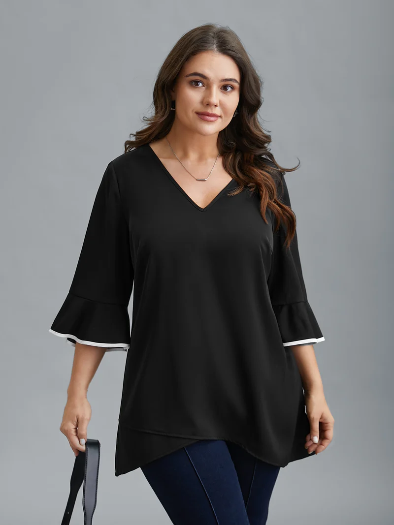 Color-Block Spliced Ruffled Overlap Hem Blouse