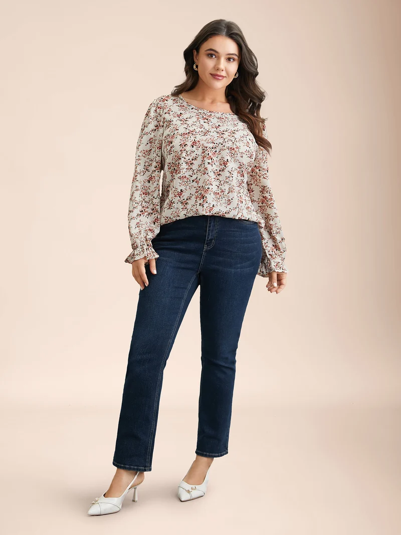 Back Lace Trim Ditsy Floral Print Blouse