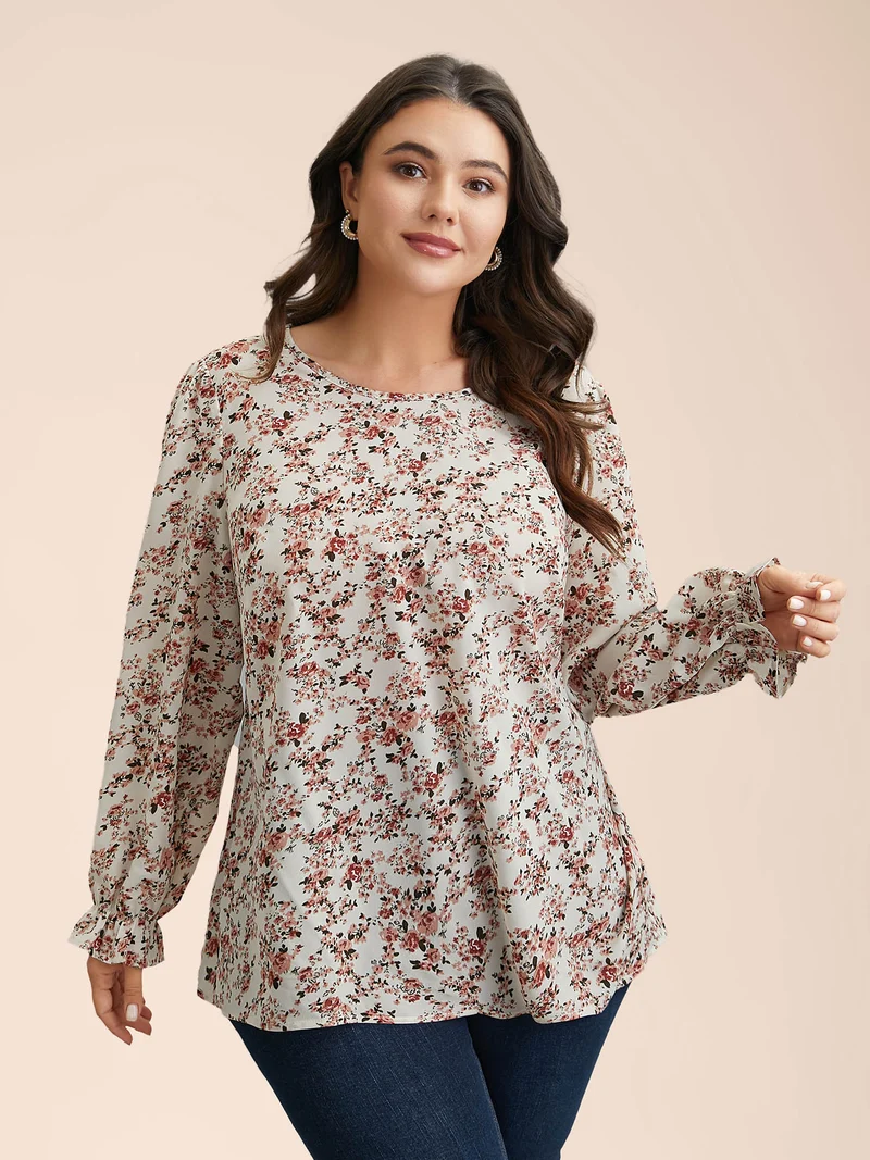 Back Lace Trim Ditsy Floral Print Blouse