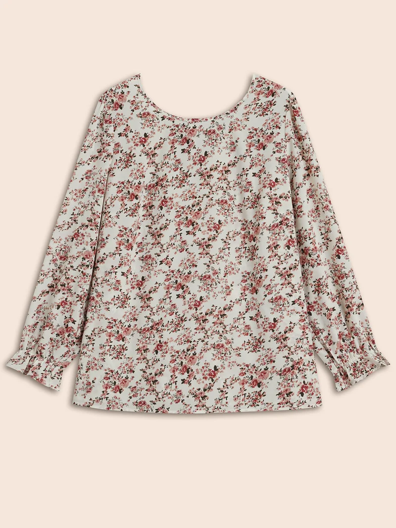 Back Lace Trim Ditsy Floral Print Blouse