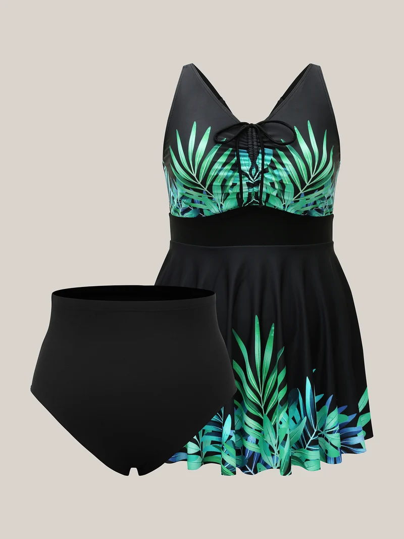 Tropical Print Adjusable Drawstring One-Piece Swimsuit