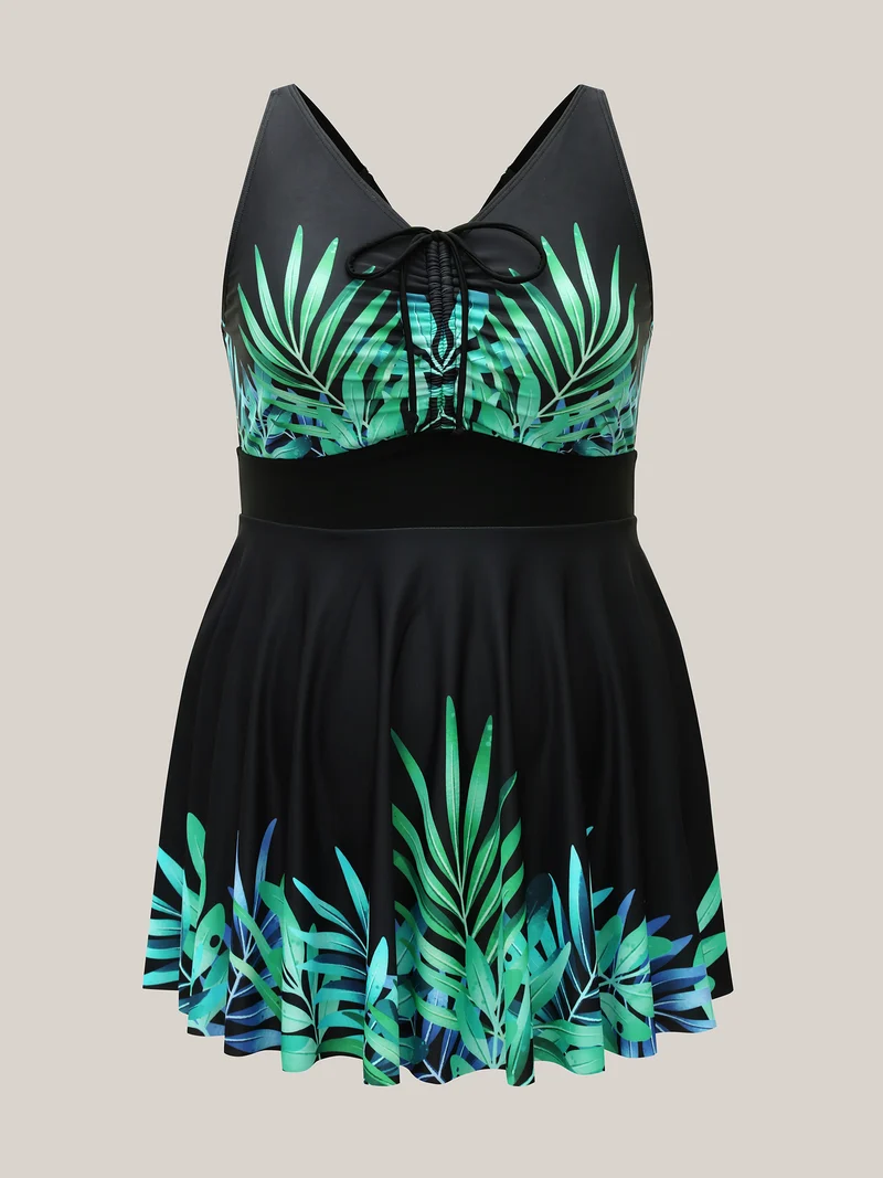 Tropical Print Adjusable Drawstring One-Piece Swimsuit