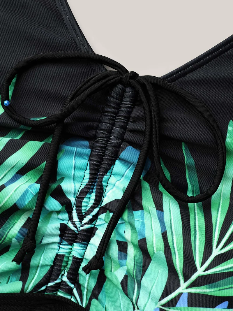 Tropical Print Adjusable Drawstring One-Piece Swimsuit
