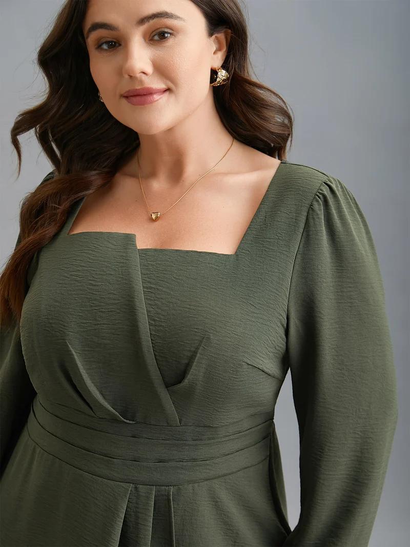Asymmetrical Neckline Stretchy Waist Plicated Detail Blouse