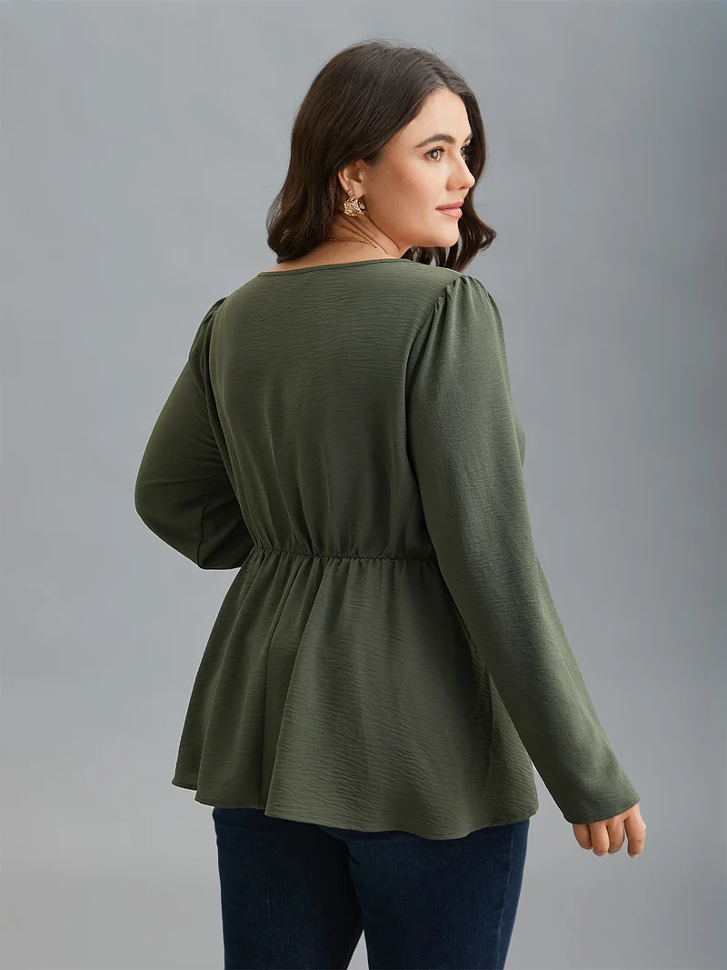 Asymmetrical Neckline Stretchy Waist Plicated Detail Blouse