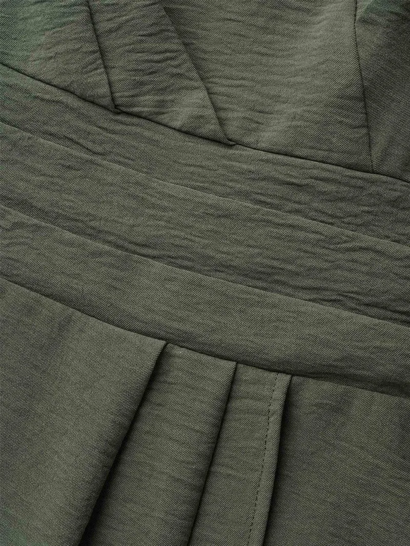 Asymmetrical Neckline Stretchy Waist Plicated Detail Blouse