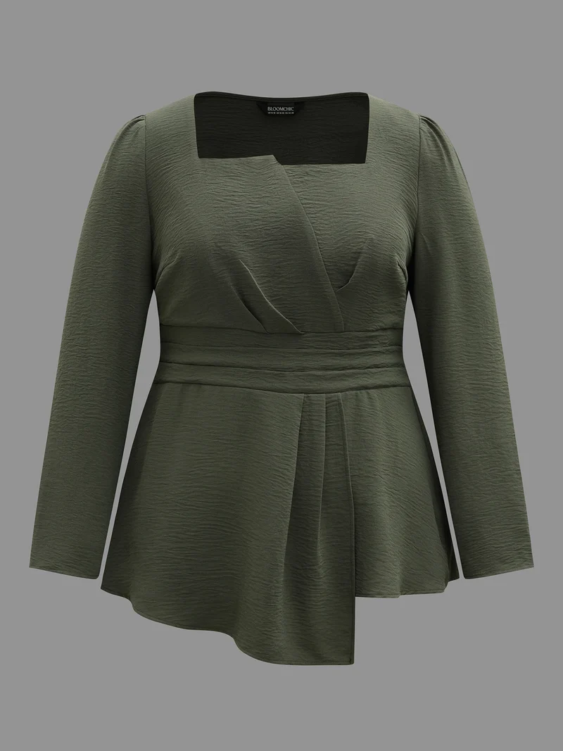 Asymmetrical Neckline Stretchy Waist Plicated Detail Blouse
