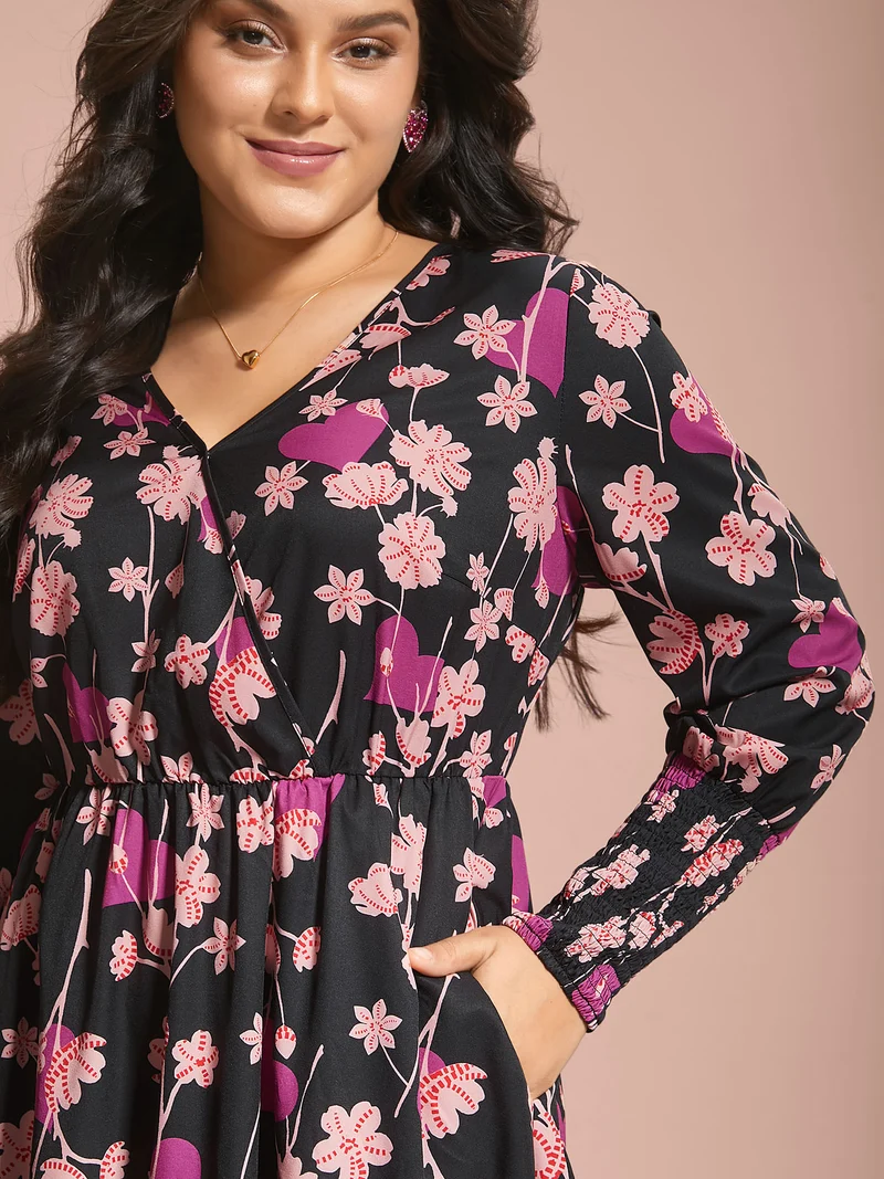 Floral Heart Print Shirred Stretchy Waist Dress